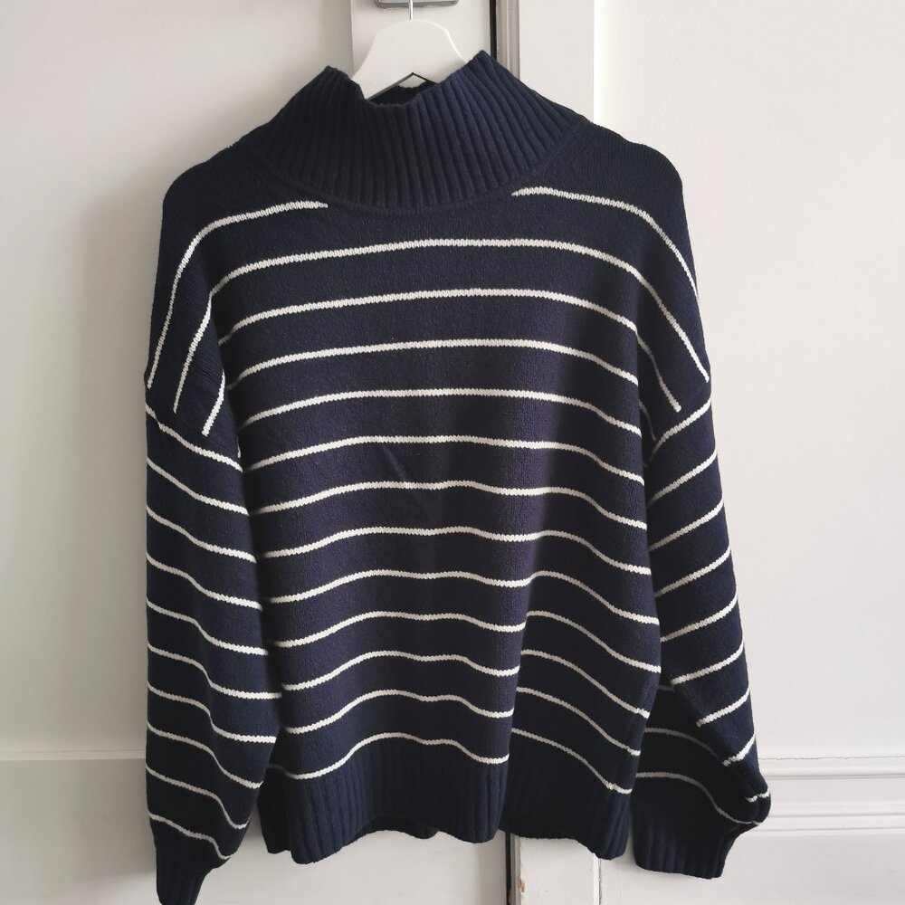 Striped Turtleneck Sweater – Navy Blue & White